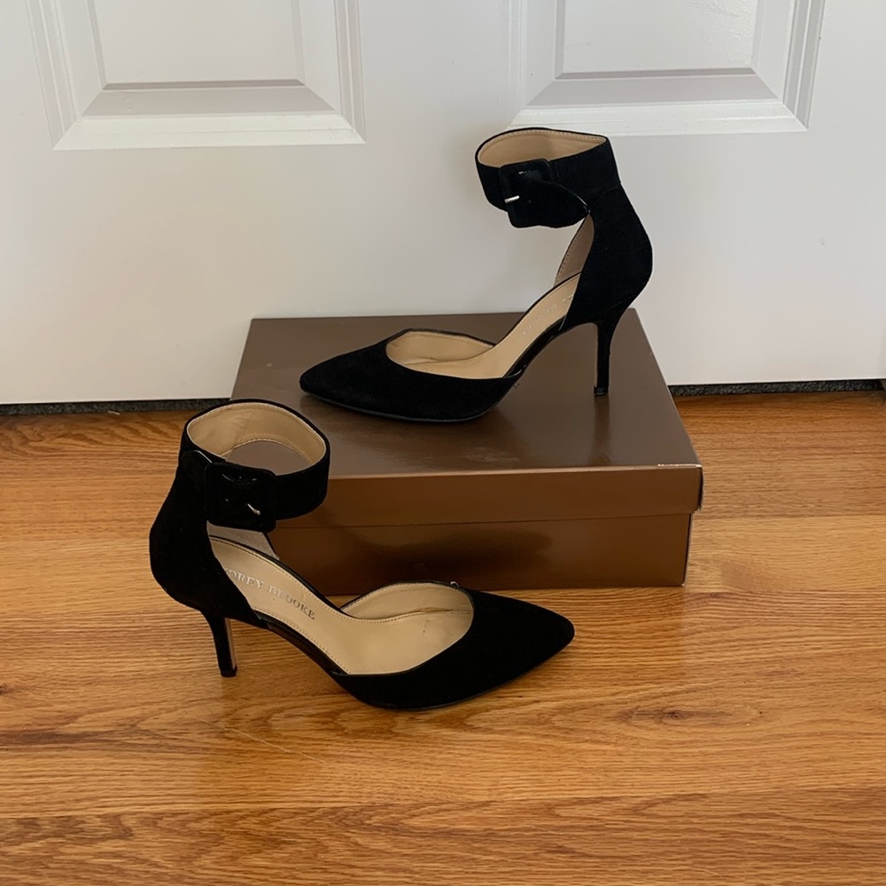 Black suede ankle strap heels